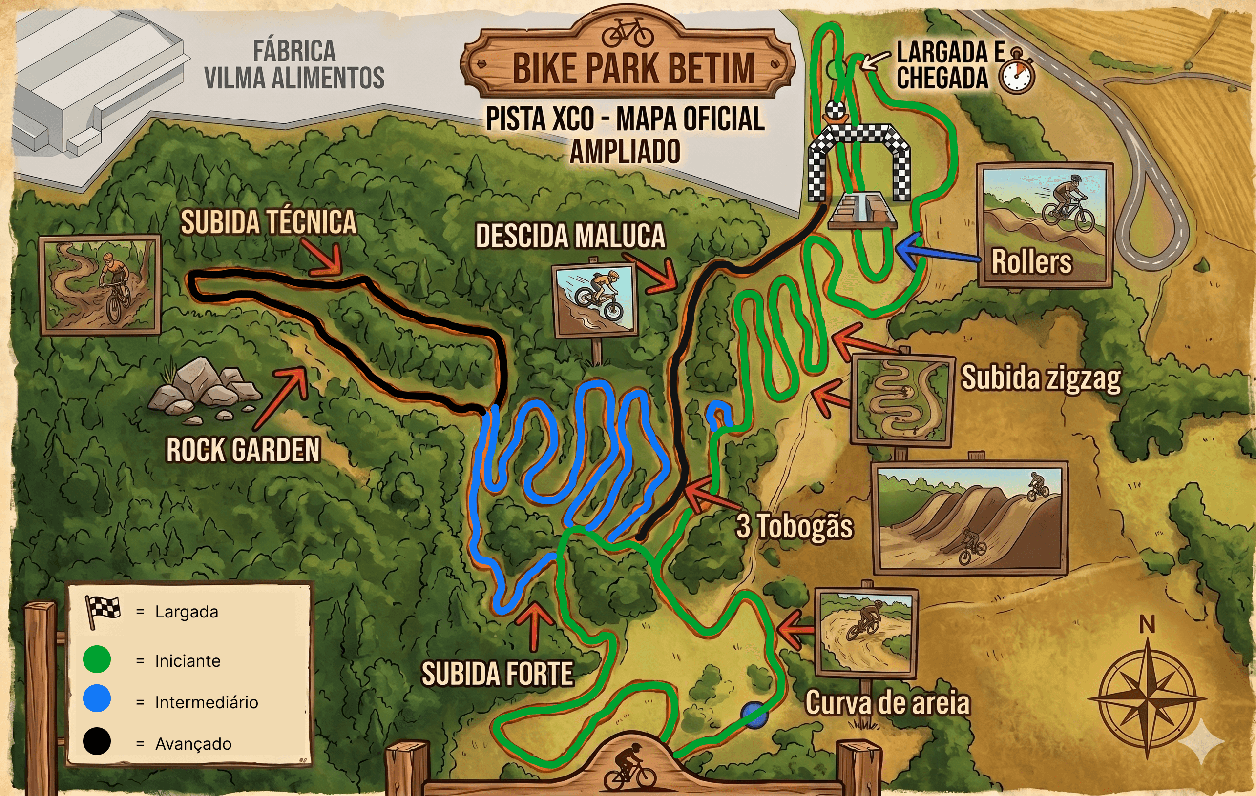 Mapa ilustrado das trilhas do Bike Park Betim com as cores de cada nível